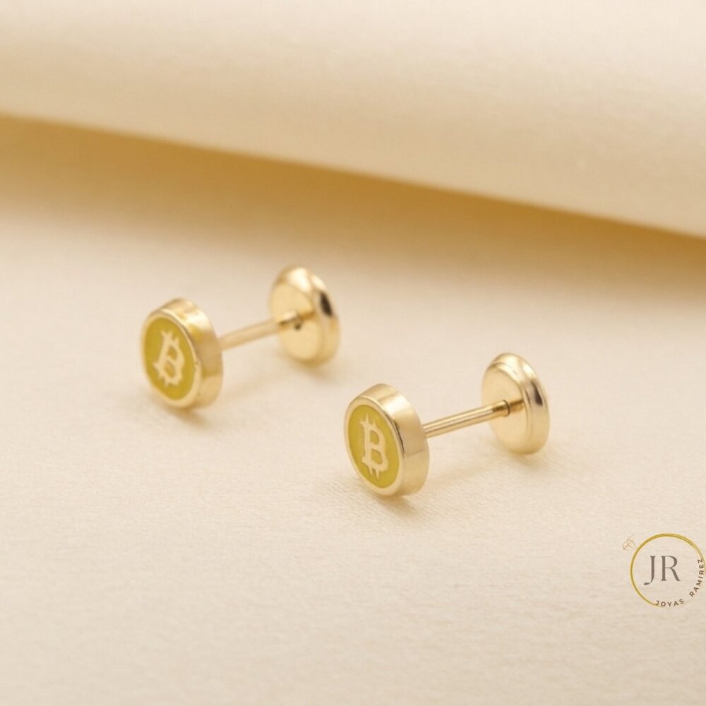 14K Solid Gold Bitcoin Logo Stud Earrings Crypto Luxury Fine Jewelry - Picture 4 of 7